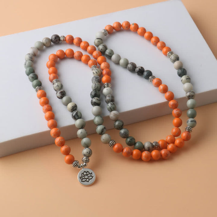 Olivenorma 108 Orange Emperor Stone Mala Beads Lotus Pendant Necklace - image 1
