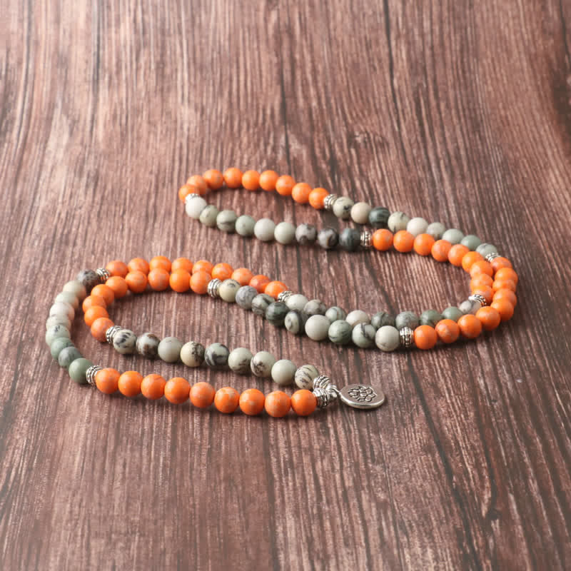 Olivenorma 108 Orange Emperor Stone Mala Beads Lotus Pendant Necklace - image 6
