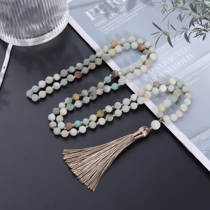 Olivenorma 108 Amazonite Mala Beads Tassel Pendant Necklace - image 3