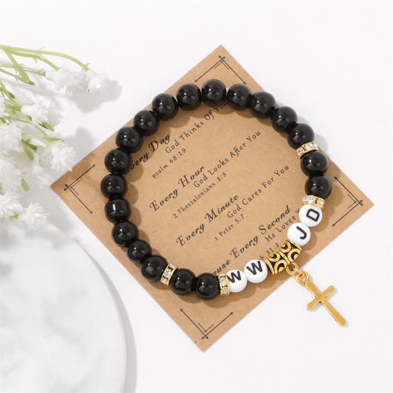 Olivenorma Natural Stone Beaded WWJD Cross Pendant Bracelet - Black Onyx - image 0