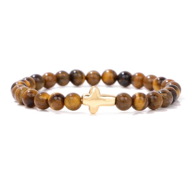 Olivenorma 6mm Natural Stone Beaded Cross Pendant Bracelet - Tiger Eye - image 3
