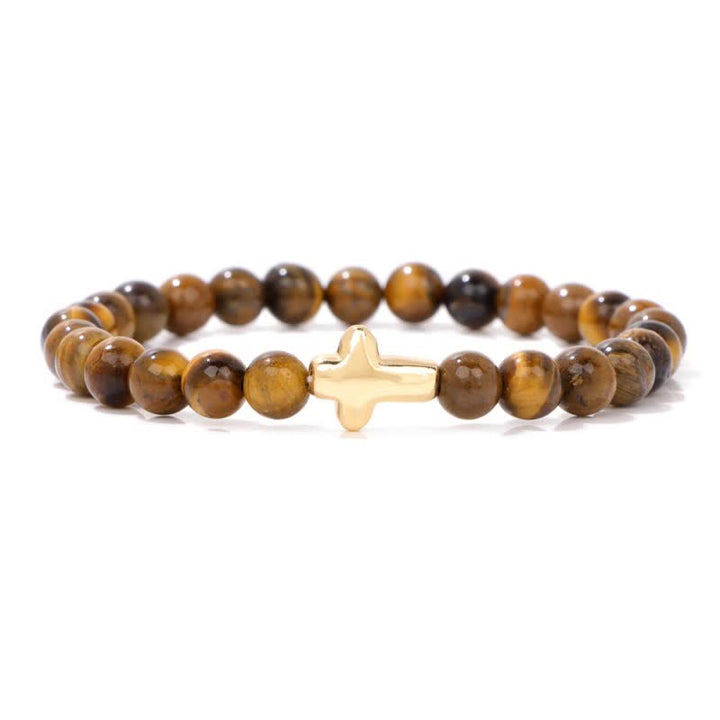 Olivenorma 6mm Natural Stone Beaded Cross Pendant Bracelet - Tiger Eye - image 3