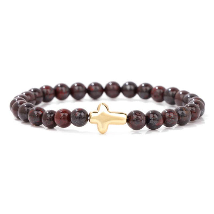 Olivenorma 6mm Natural Stone Beaded Cross Pendant Bracelet - Mahogany Obsidian - image 18
