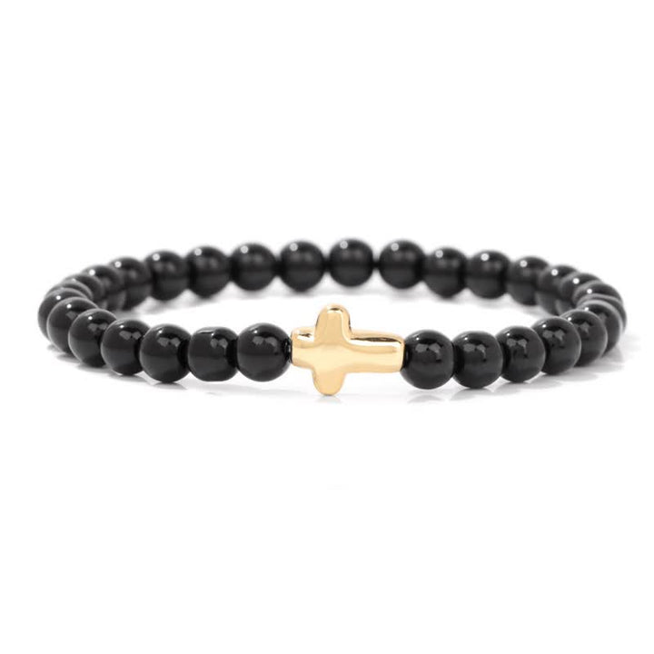 Olivenorma 6mm Natural Stone Beaded Cross Pendant Bracelet - Obsidian - image 16