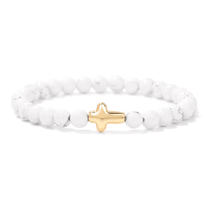 Olivenorma 6mm Natural Stone Beaded Cross Pendant Bracelet - White Turquoise - image 6