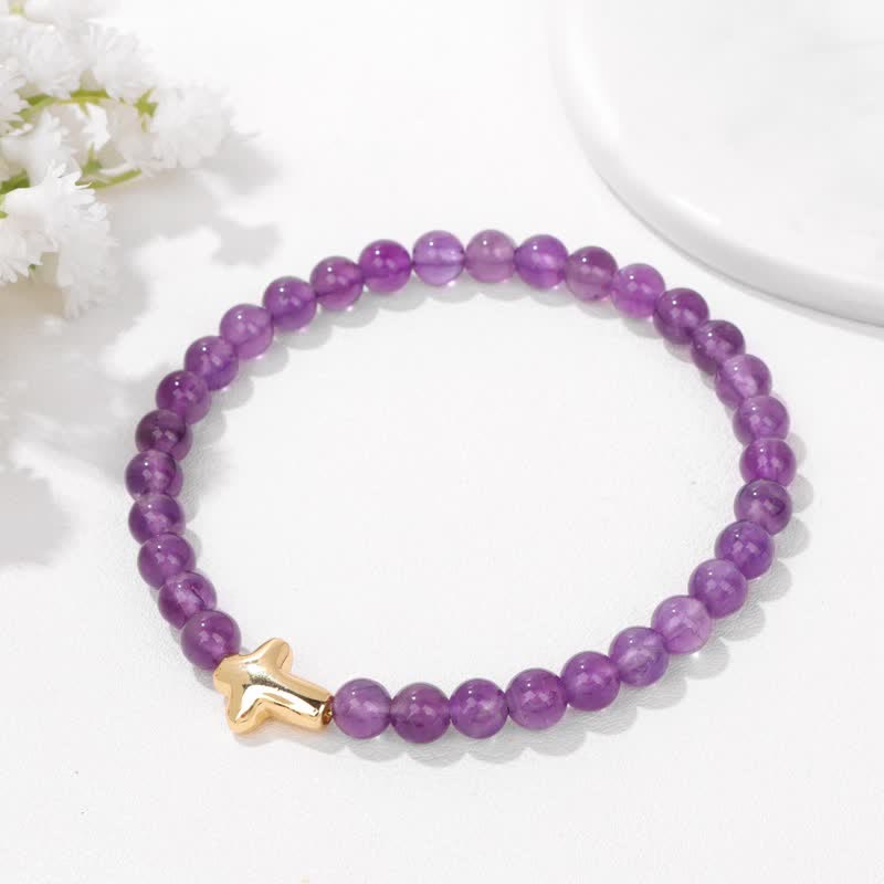 Olivenorma 6mm Natural Stone Beaded Cross Pendant Bracelet - image 0