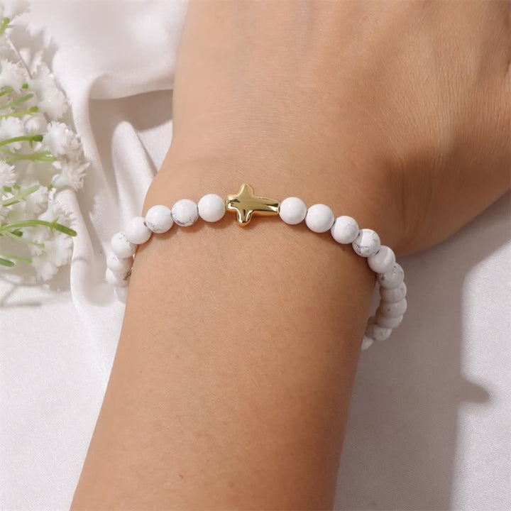 Olivenorma 6mm Natural Stone Beaded Cross Pendant Bracelet - image 7
