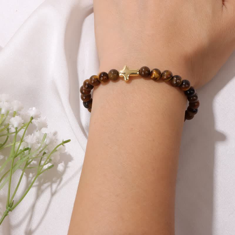 Olivenorma 6mm Natural Stone Beaded Cross Pendant Bracelet - image 4