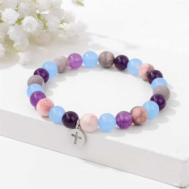 Olivenorma 8mm Natural Stone Beaded Cross Pendant Bracelet - image 2