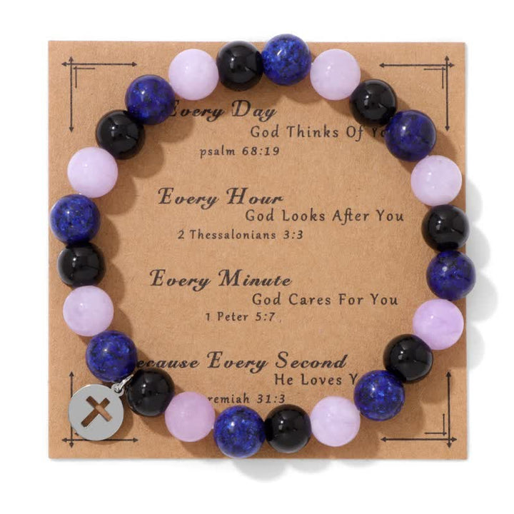 Olivenorma 8mm Natural Stone Beaded Cross Pendant Bracelet - Lepidolite & Obsidian & Lapis Lazuli - image 10