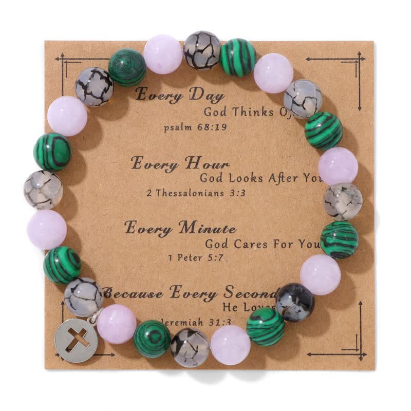 Olivenorma 8mm Natural Stone Beaded Cross Pendant Bracelet - Lepidolite & Malachite - image 6