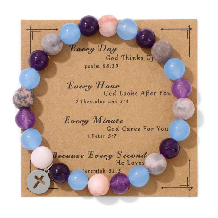 Olivenorma 8mm Natural Stone Beaded Cross Pendant Bracelet - Amethyst & Aquamarine & Plum Tourmaline - image 0