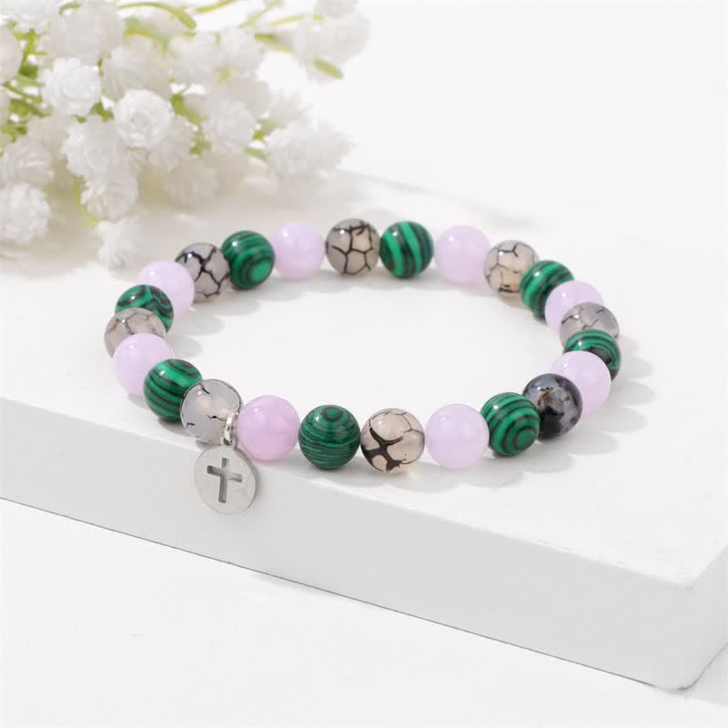 Olivenorma 8mm Natural Stone Beaded Cross Pendant Bracelet - image 7