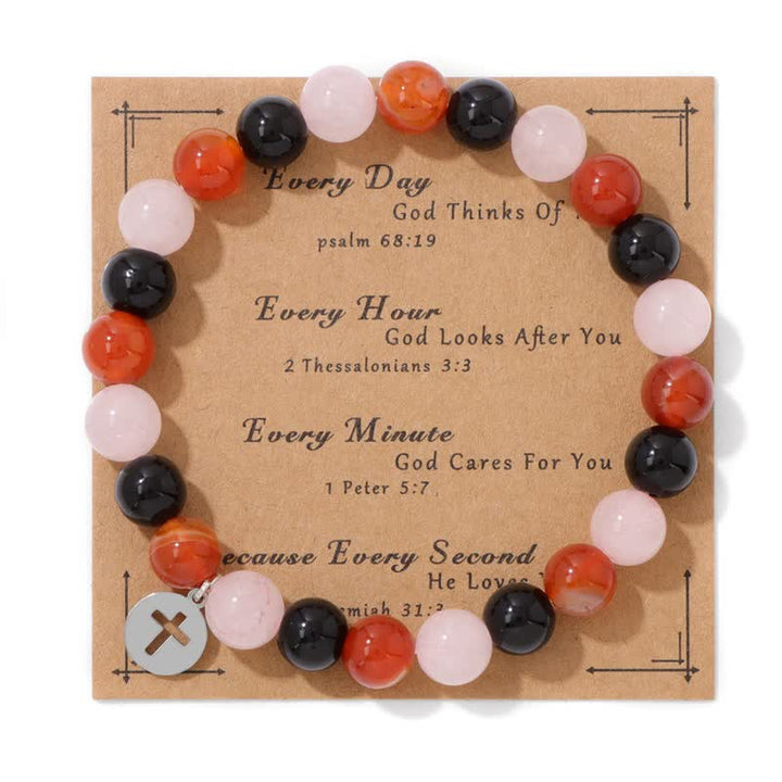 Olivenorma 8mm Natural Stone Beaded Cross Pendant Bracelet - Red Agate & Rose Quartz & Obsidian - image 13