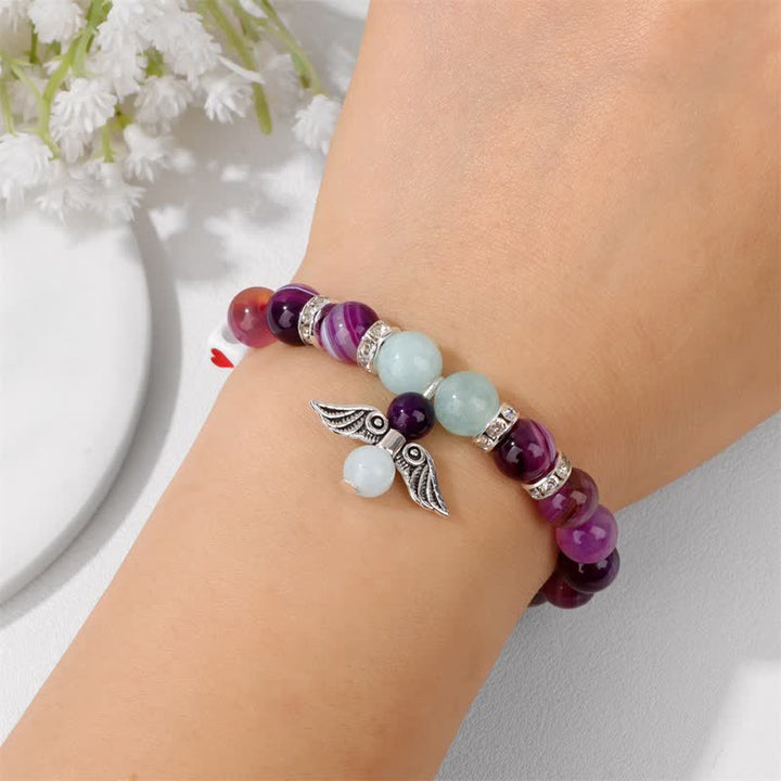 Olivenorma 8mm Natural Stone Beaded Angel Wing Pendant Bracelet - image 1