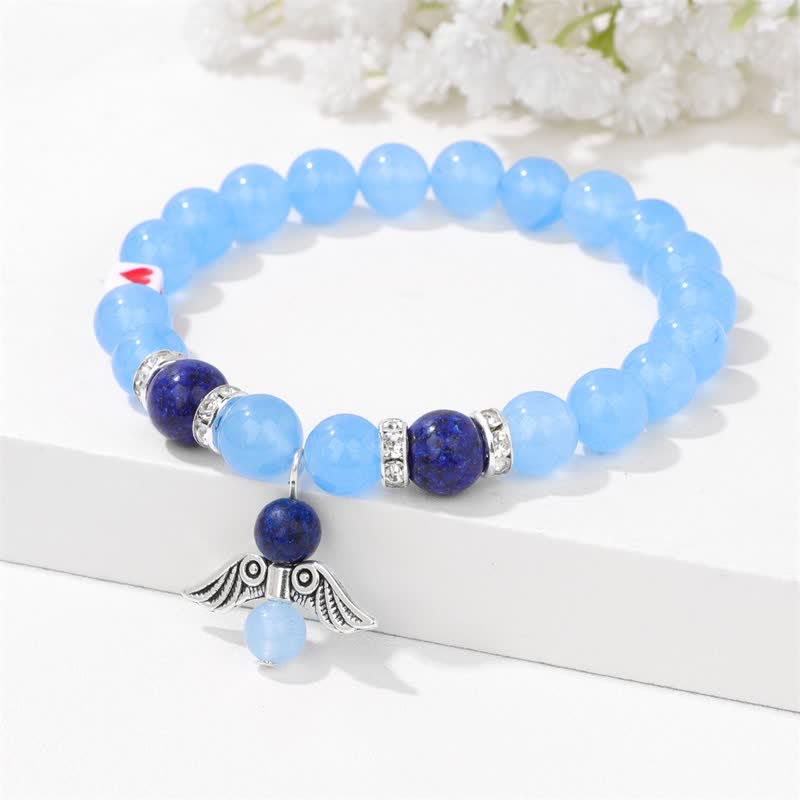 Olivenorma 8mm Natural Stone Beaded Angel Wing Pendant Bracelet - Aquamarine - image 4