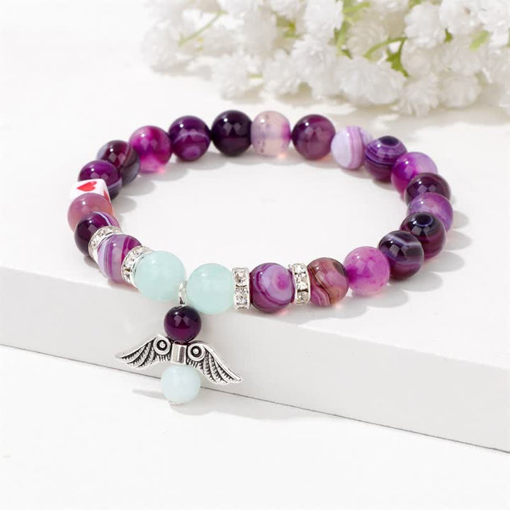 Olivenorma 8mm Natural Stone Beaded Angel Wing Pendant Bracelet - Purple Agate - image 0