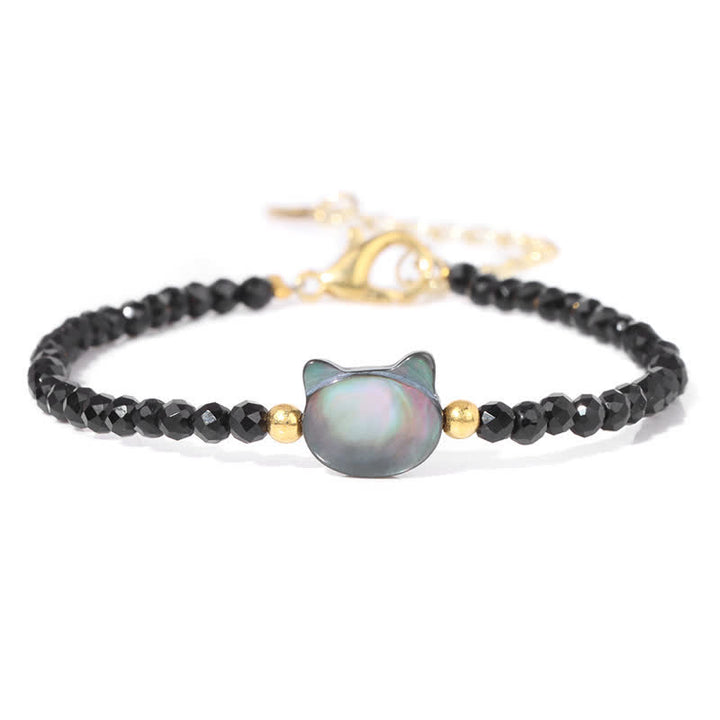 Olivenorma 3mm Natural Stone Beaded Shell Cat Head Pendant Bracelet - Obsidian - image 2