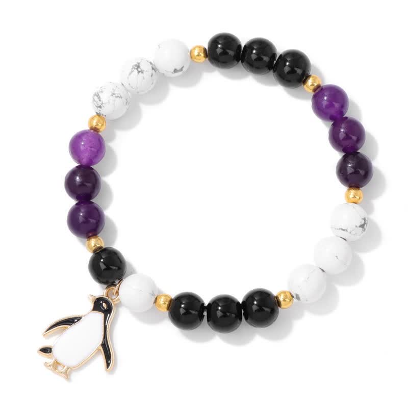 Olivenorma 8mm Natural Stone Beaded Cartoon Penguin Pendant Bracelet - Black Onyx & White Turquoise & Amethyst - image 1