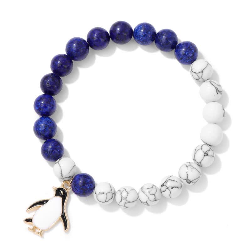 Olivenorma 8mm Natural Stone Beaded Cartoon Penguin Pendant Bracelet - Lapis Lazuli & White Turquoise - image 5