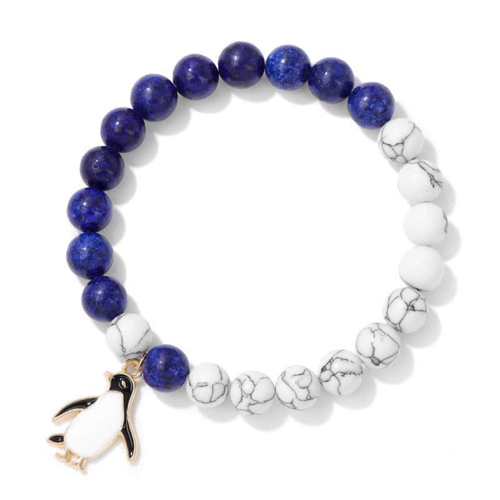 Olivenorma 8mm Natural Stone Beaded Cartoon Penguin Pendant Bracelet - Lapis Lazuli & White Turquoise - image 5
