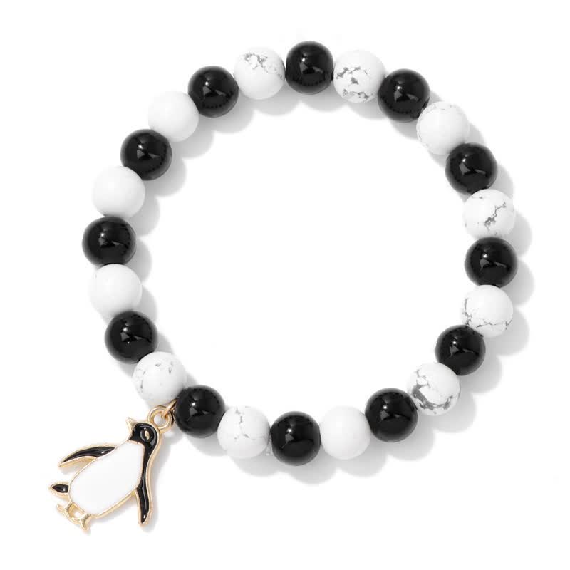 Olivenorma 8mm Natural Stone Beaded Cartoon Penguin Pendant Bracelet - Black Onyx & White Turquoise - image 8