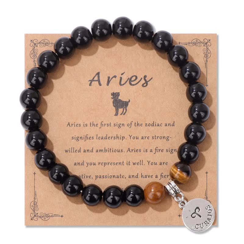 Olivenorma Obsidian Tiger Eye Beaded Zodiac Pendant Bracelet - Aries - image 3