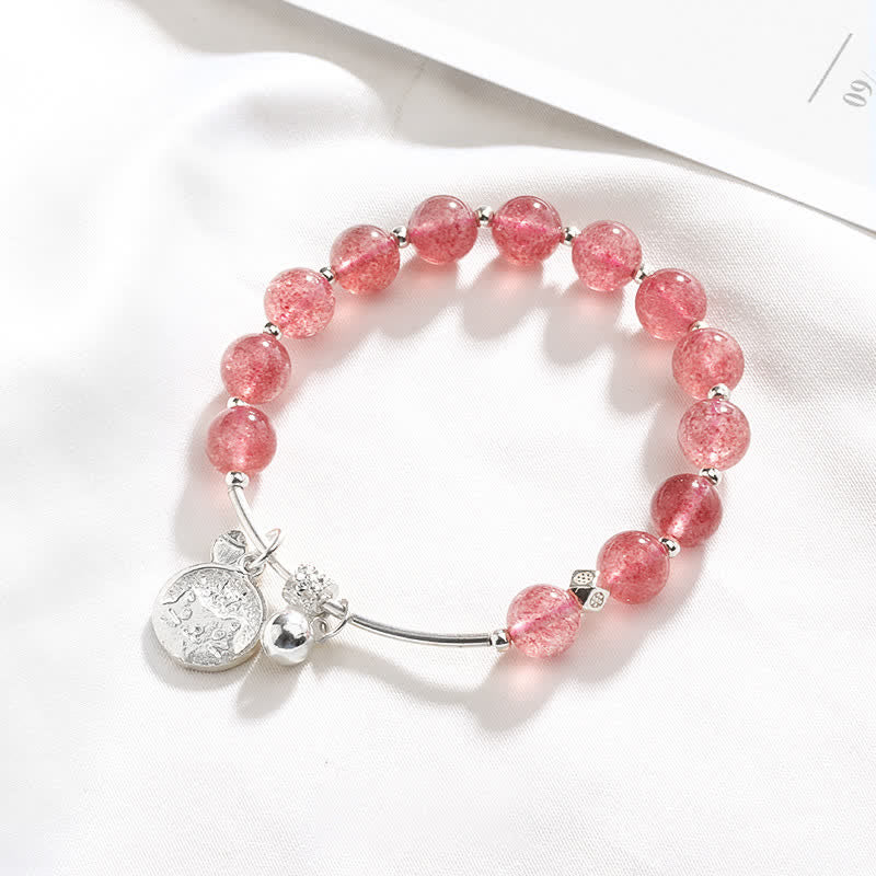 Olivenorma Strawberry Quartz Beaded Cat Bell Pendant Bracelet - Strawberry Quartz - image 0