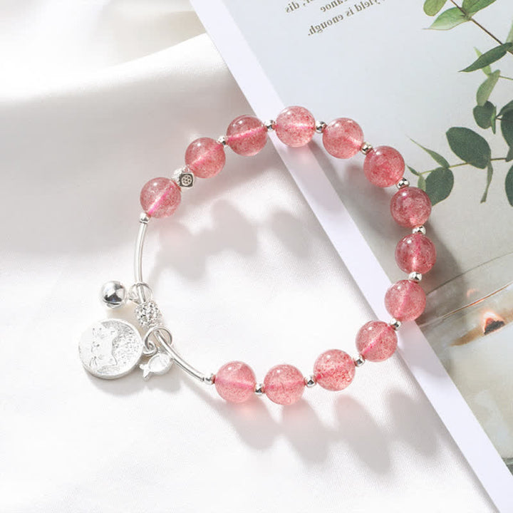 Olivenorma Strawberry Quartz Beaded Cat Bell Pendant Bracelet - image 3