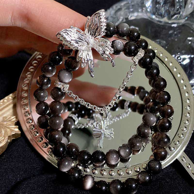 Olivenorma Silver Obsidian Butterfly Pendant Bracelet - image 2