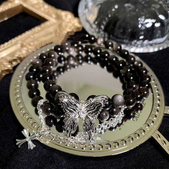 Olivenorma Silver Obsidian Butterfly Pendant Bracelet - Silver Obsidian - image 0