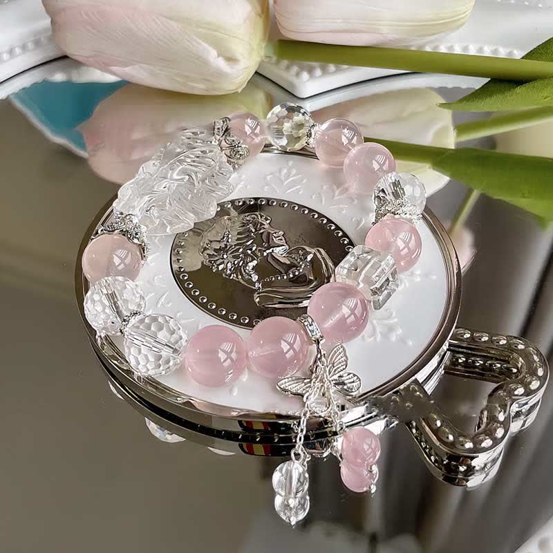 Olivenorma Clear Crystal Rose Quartz Butterfly Pendant Bracelet - Clear Crystal & Rose Quartz - image 0