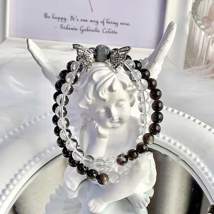 Olivenorma Clear Crystal Silver Obsidian Beaded Butterfly Pendant Bracelet - Clear Crystal & Silver Obsidian - image 0
