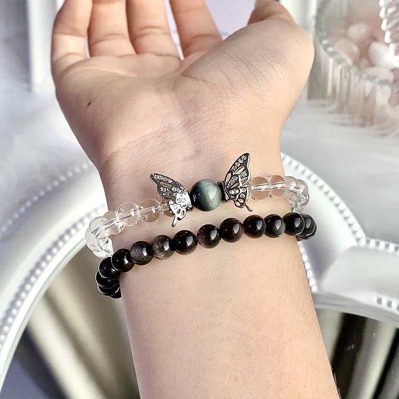 Olivenorma Clear Crystal Silver Obsidian Beaded Butterfly Pendant Bracelet - image 1