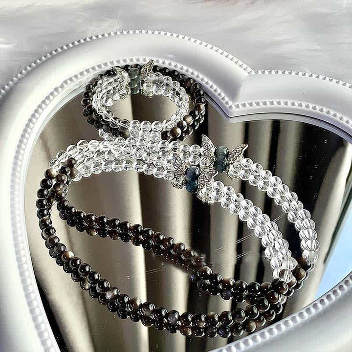 Olivenorma Clear Crystal Silver Obsidian Beaded Butterfly Pendant Bracelet - image 3