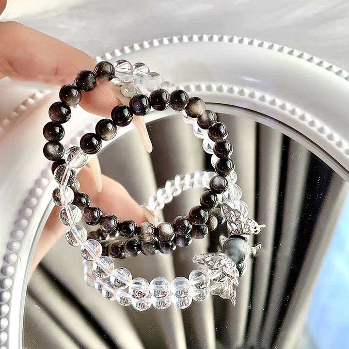 Olivenorma Clear Crystal Silver Obsidian Beaded Butterfly Pendant Bracelet - image 2