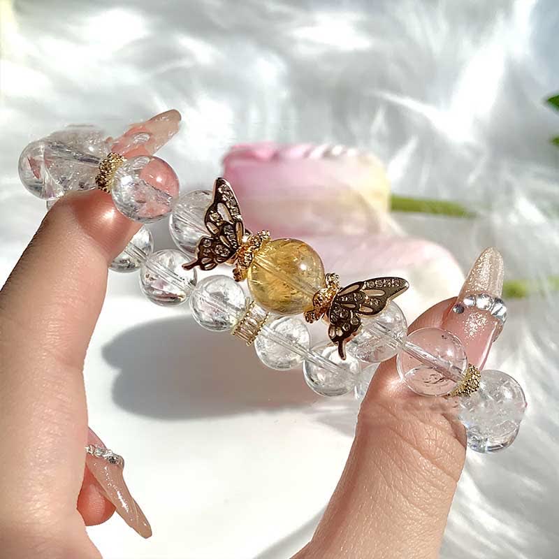 Olivenorma Clear Crystal Gold Rutilated Quartz Butterfly Beaded Bracelet - image 2