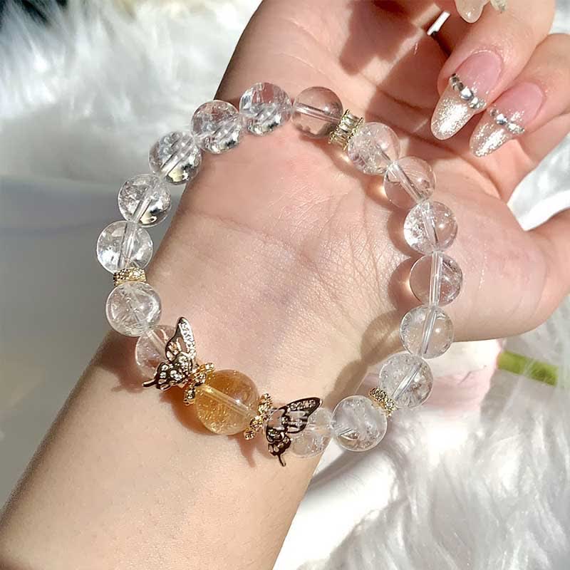 Olivenorma Clear Crystal Gold Rutilated Quartz Butterfly Beaded Bracelet - image 1