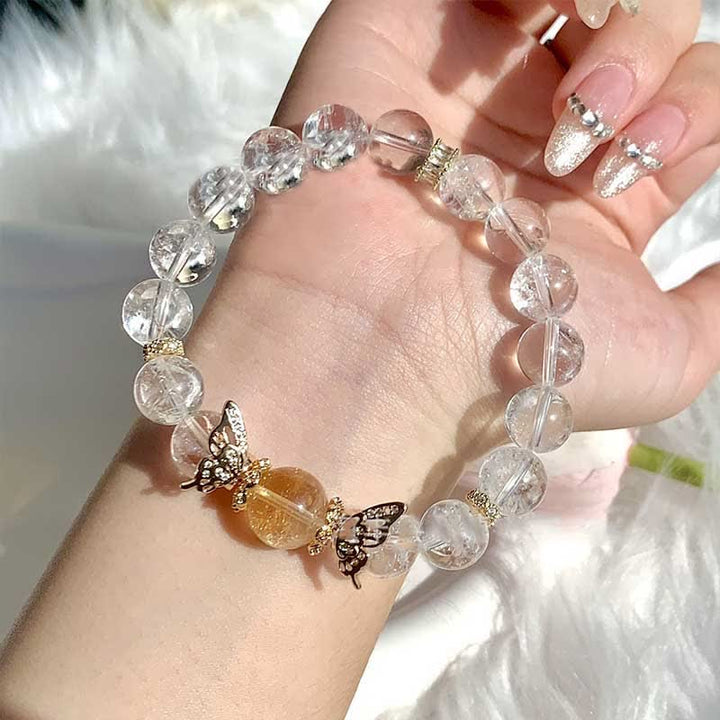 Olivenorma Clear Crystal Gold Rutilated Quartz Butterfly Beaded Bracelet - image 1