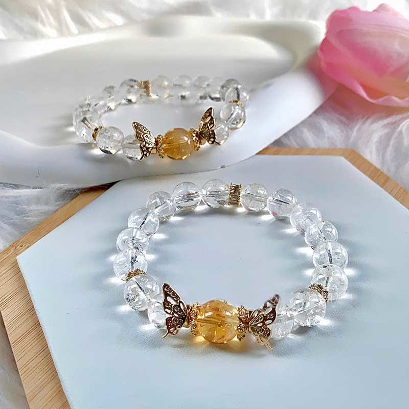 Olivenorma Clear Crystal Gold Rutilated Quartz Butterfly Beaded Bracelet - image 3