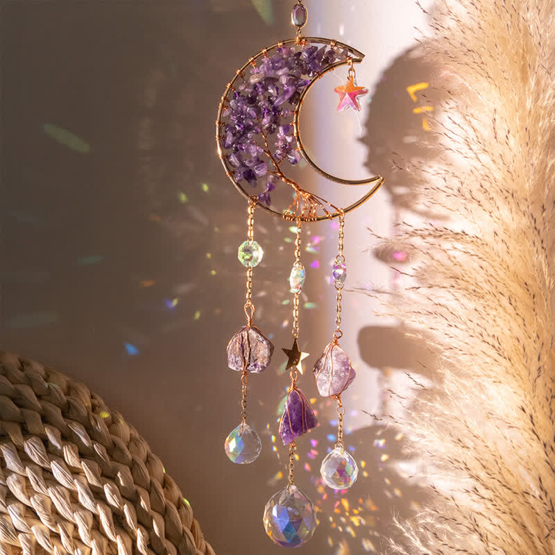Olivenorma Natural Gemstone Moon Pendant For Meditation Spiritual Growth And Emotional Balance Crystal Wind Chime - Moon#Amethyst - image 0