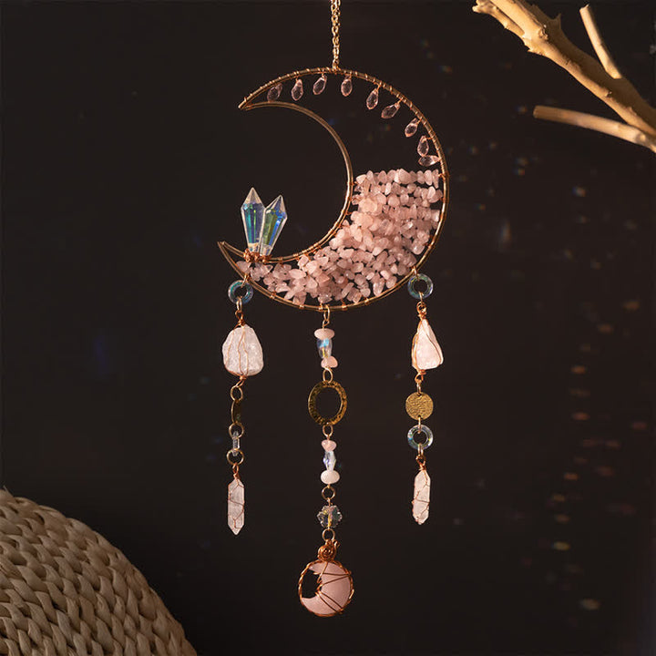 Olivenorma Rose Quartz Clear Crystal Moon Suncatcher Wind Chime - Rose Quartz & Clear Crystal - image 0