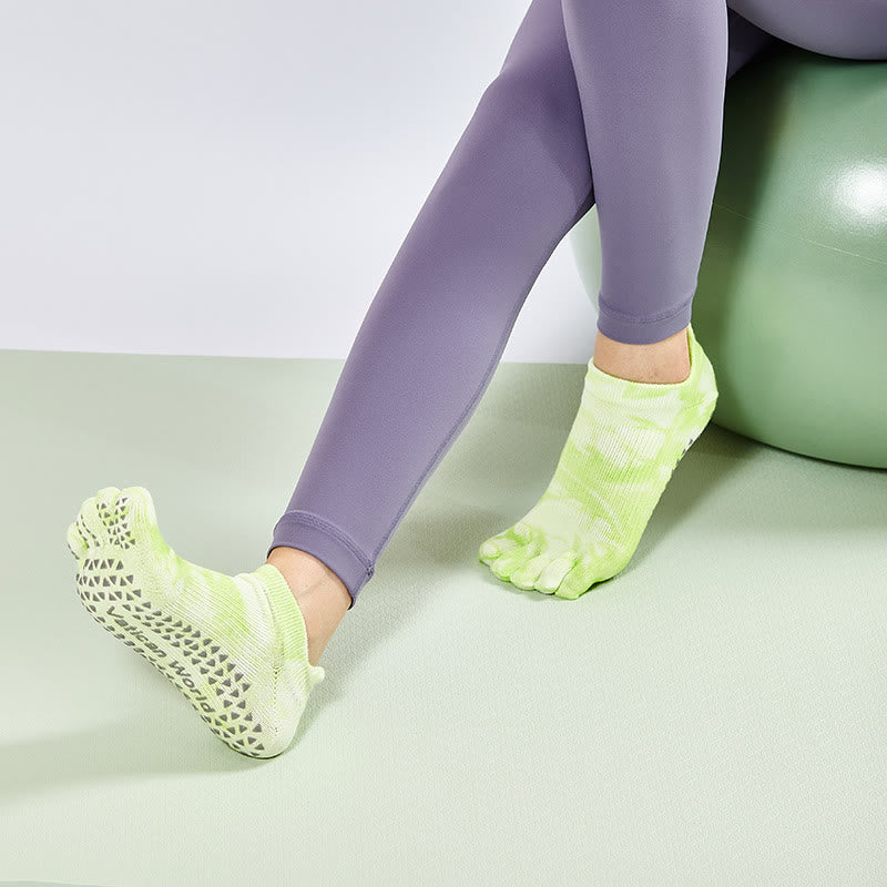 Olivenorma Tie-Dye High Knee Pilates Socks Non-Slip Grip Yoga Barre Fitness Socks with Breathable Stretch Support Yoga Socks - YellowGreen - 10 Pairs - image 7