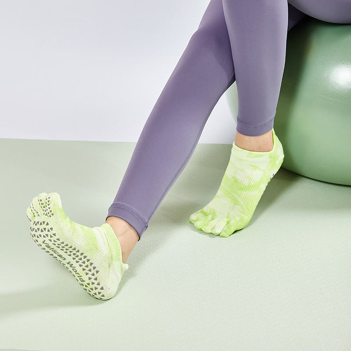 Olivenorma Tie-Dye High Knee Pilates Socks Non-Slip Grip Yoga Barre Fitness Socks with Breathable Stretch Support Yoga Socks - YellowGreen - 10 Pairs - image 7