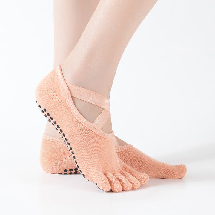 Olivenorma Women Non-Slip Five Toe Yoga Socks with Grid - Black - image 4