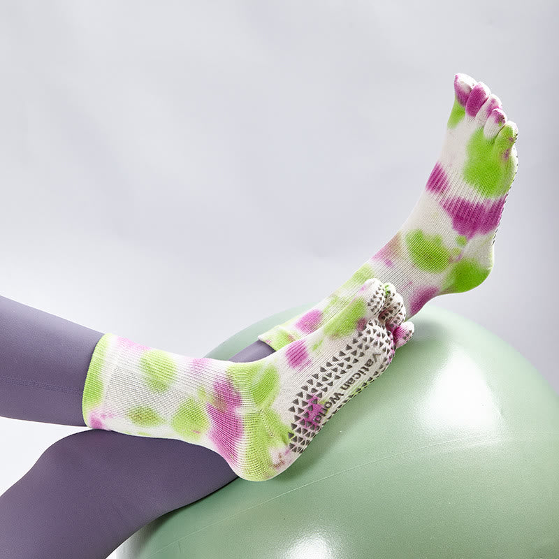Olivenorma Tie-Dye Cotton Yoga Pilates Socks Comfortable Non-Slip Grip Barre Workout Socks with Breathable Stretch Support for Studio Training Socks - Chartreuse - 10 Pairs - image 17