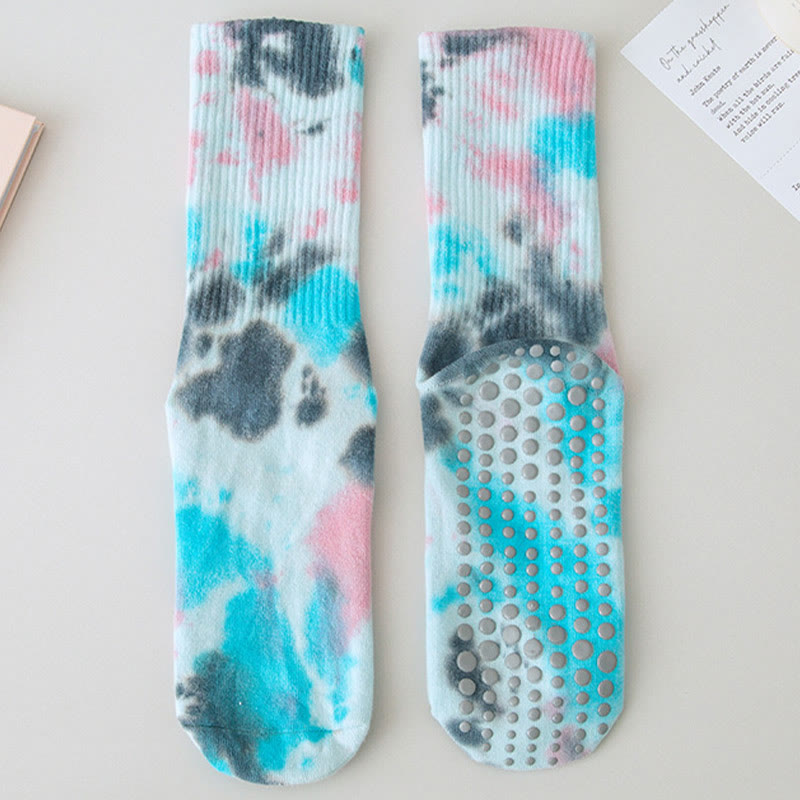 Olivenorma Medium-Tube Tie-Dye Anti-Slip Grip Pilates Barre Workout Socks with Breathable Stretch Comfort Yoga Socks - Aqua - 10 Pairs - image 1