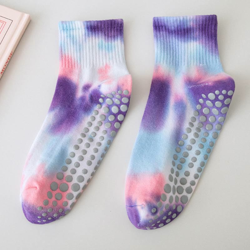 Olivenorma Tie-Dye Grip Workout Non-Slip Pilates Barre Training Socks with Breathable Cotton Stretch Fit Yoga Crew Socks - Purple - 10 Pairs - image 4