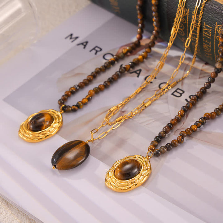 Olivenorma Vintage Natural Stone Tiger Eye Pendant Necklace - image 9