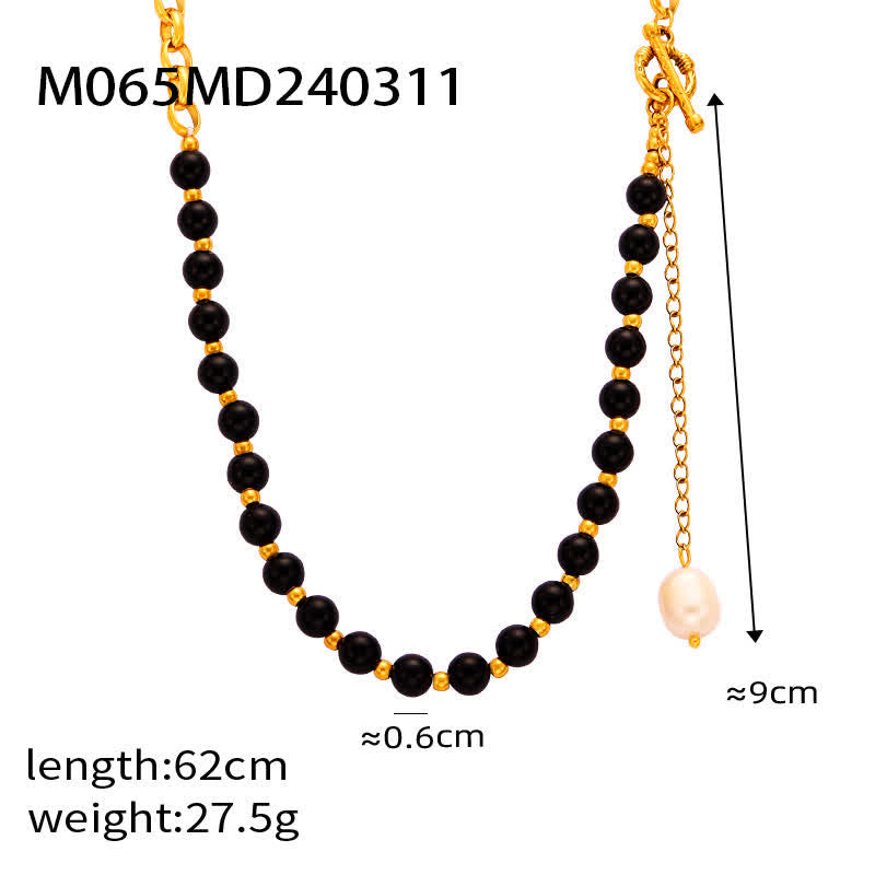 Olivenorma Tiger Eye Obsidian Freshwater Pearl Titanium Steel Necklace - Obsidian & Freshwater Pearl - image 6